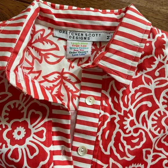 Gretchen Scott Designs Orange and White Floral and Striped Pattern Shirt, Med - Picture 3 of 6